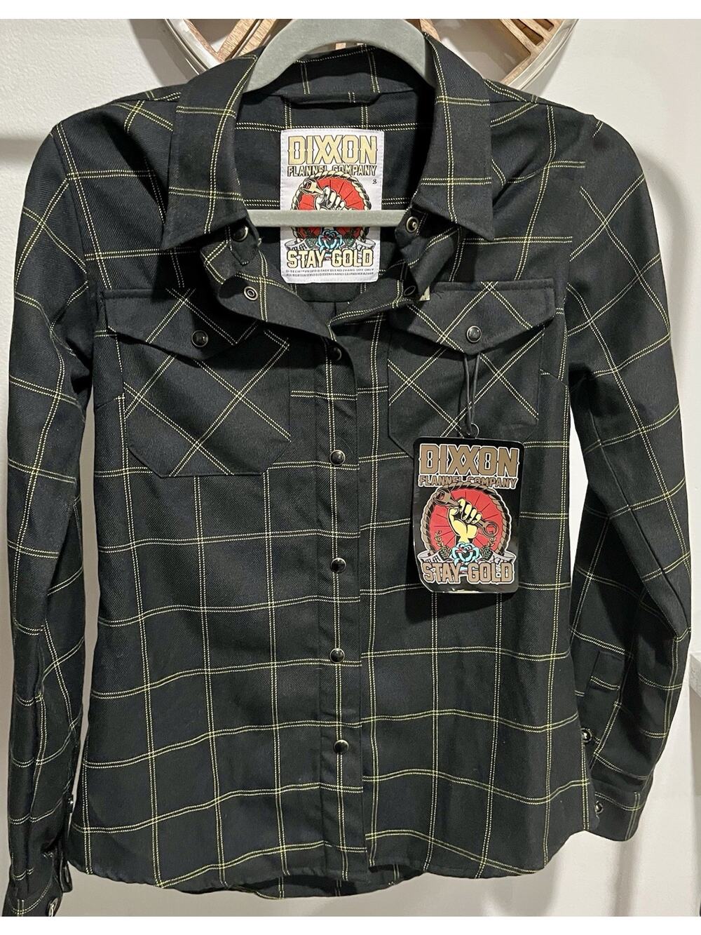Dixxon Stay Gold Flannel Shirt Mens Small Black Gold Plaid Snap NWT (A)